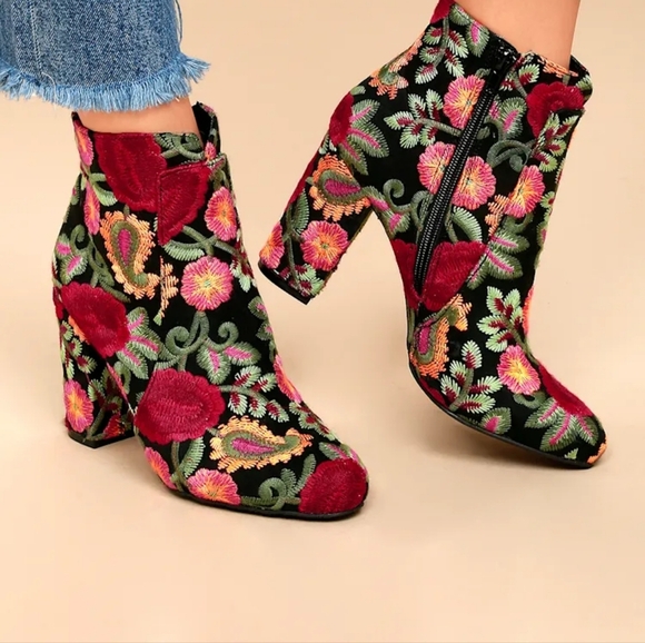 MIA Black and Red Floral Ankle Boots - Picture 1 of 9